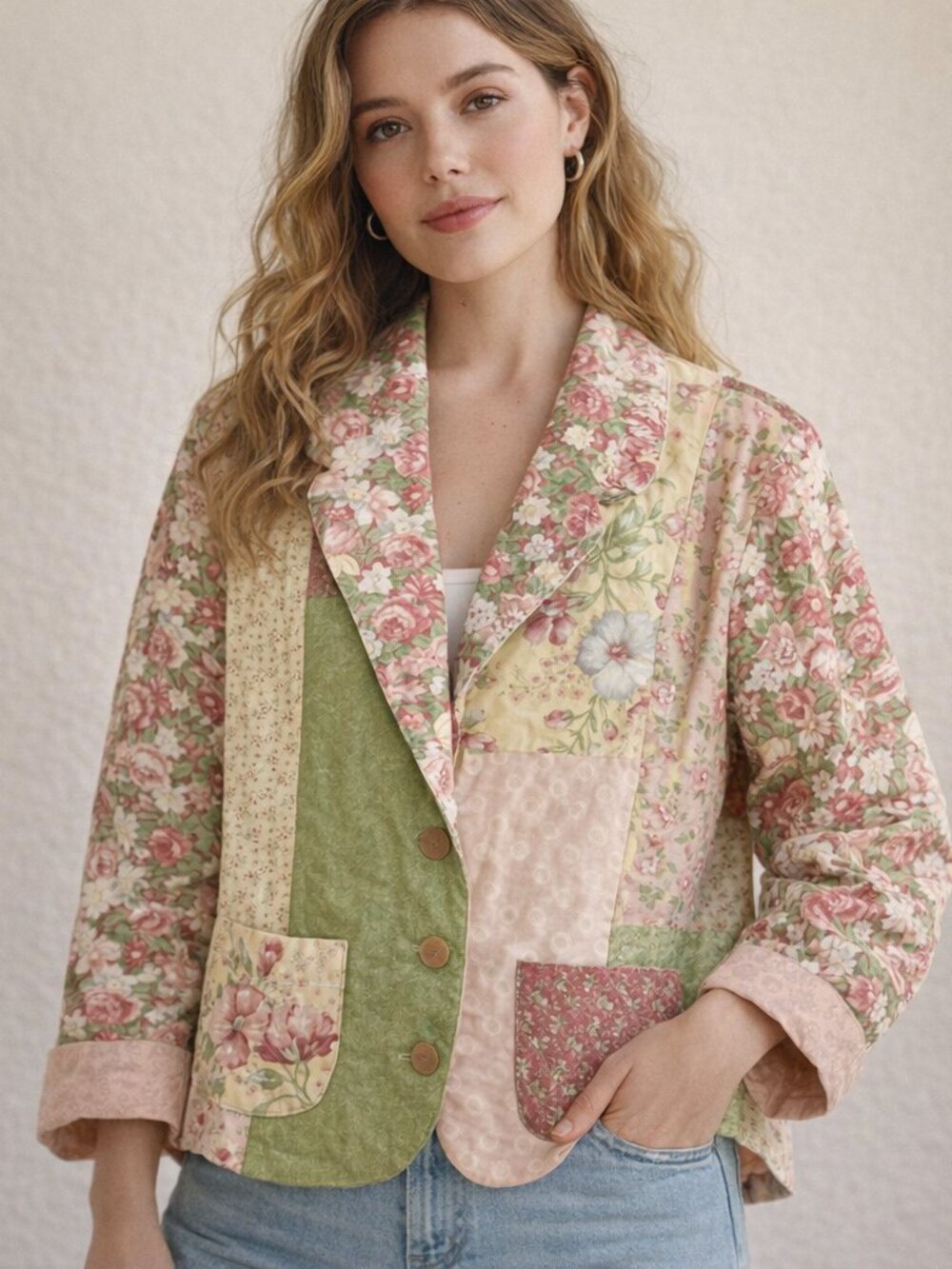Handmade Patchwork Quilt Jacket Womens Sz M Pastel Floral Pockets Cottagecore